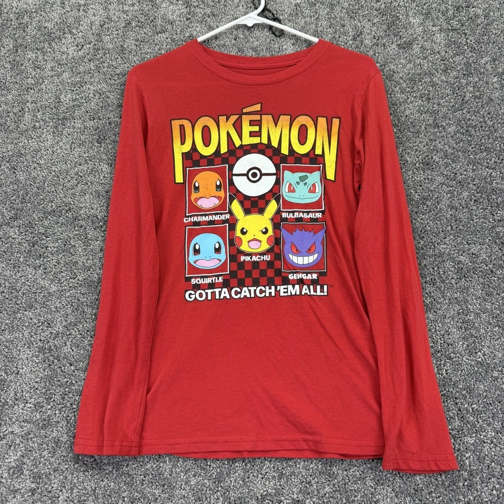 Pokemon Shirt Youth XL Red Long Sleeve Pikachu Charmander Squirtle Gengar Tee